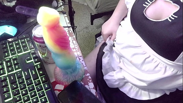 catboy maid fucks himself with a knotted dildo, squirts, fucks his thighs, pees on his paws, and cums for master while dirty talking